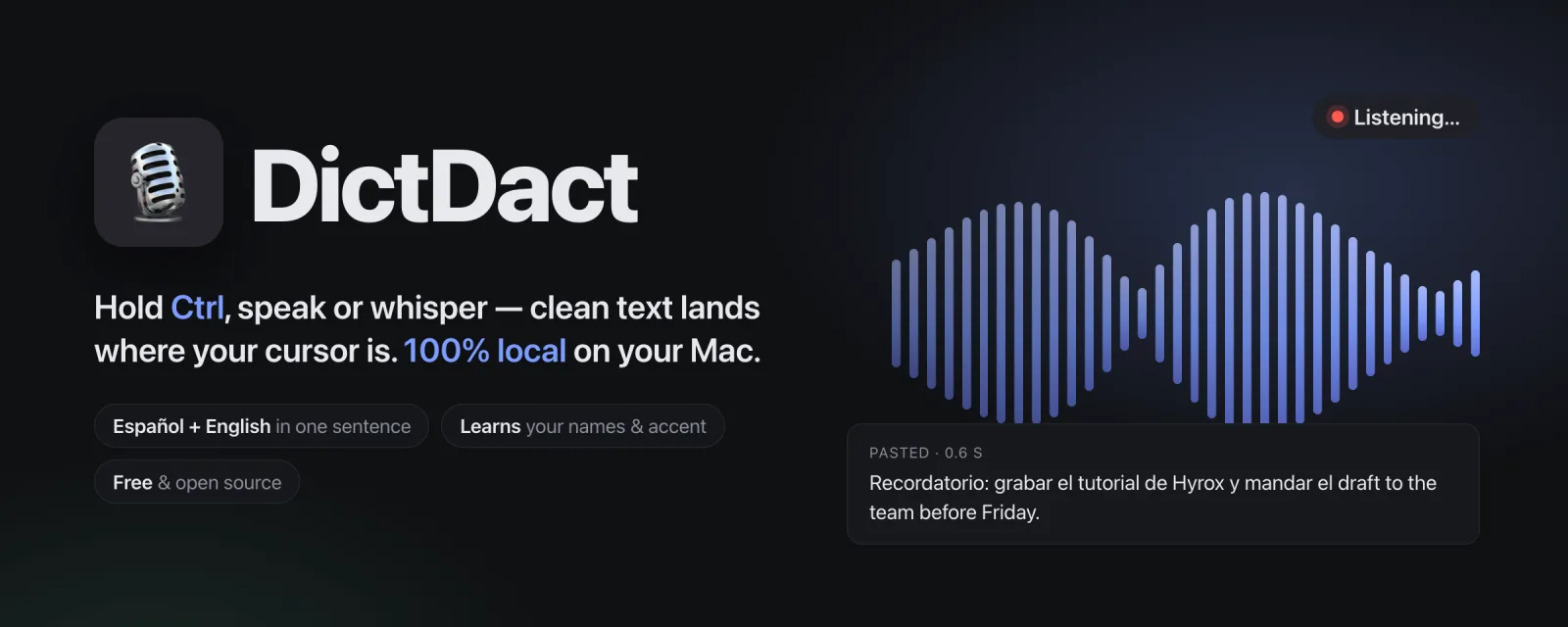 DictDact: mantén Ctrl, habla o susurra, y el texto limpio se pega donde está tu cursor, 100% local en tu Mac.