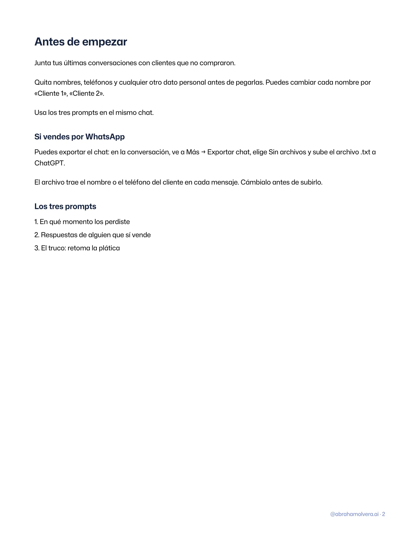 Por qué tus clientes no compran: 3 prompts para tus chats · Página 2 / 3