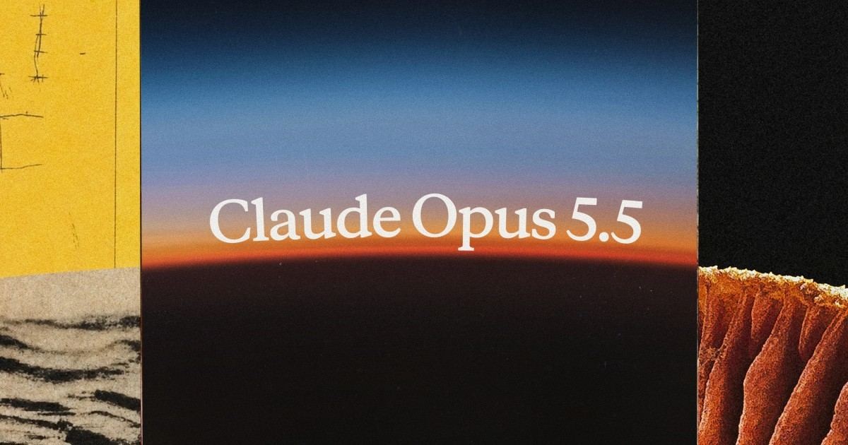 Imagen oficial de Anthropic: Claude Opus 5.5 sobre un collage de cielo azul, horizonte naranja y papel amarillo.