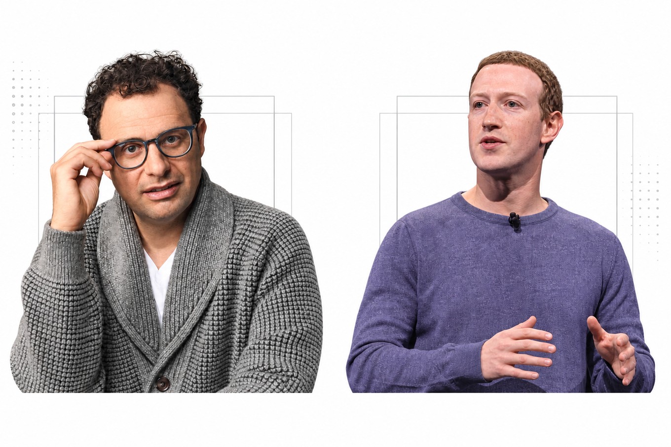 Composición editorial con retratos de archivo de Dario Amodei, a la izquierda, y Mark Zuckerberg, a la derecha. Fondos retirados y composición realizada con IA. No corresponde a un encuentro entre ambos.