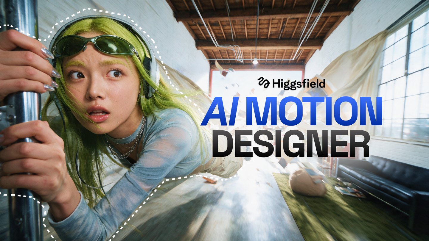 Imagen oficial de Higgsfield AI Motion Designer: una mujer de cabello verde en una composición con texto azul.