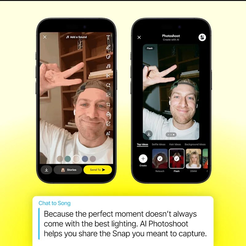 Imagen oficial de Snapchat AI Photoshoot que muestra un ejemplo de ajuste de una foto dentro de la aplicación.