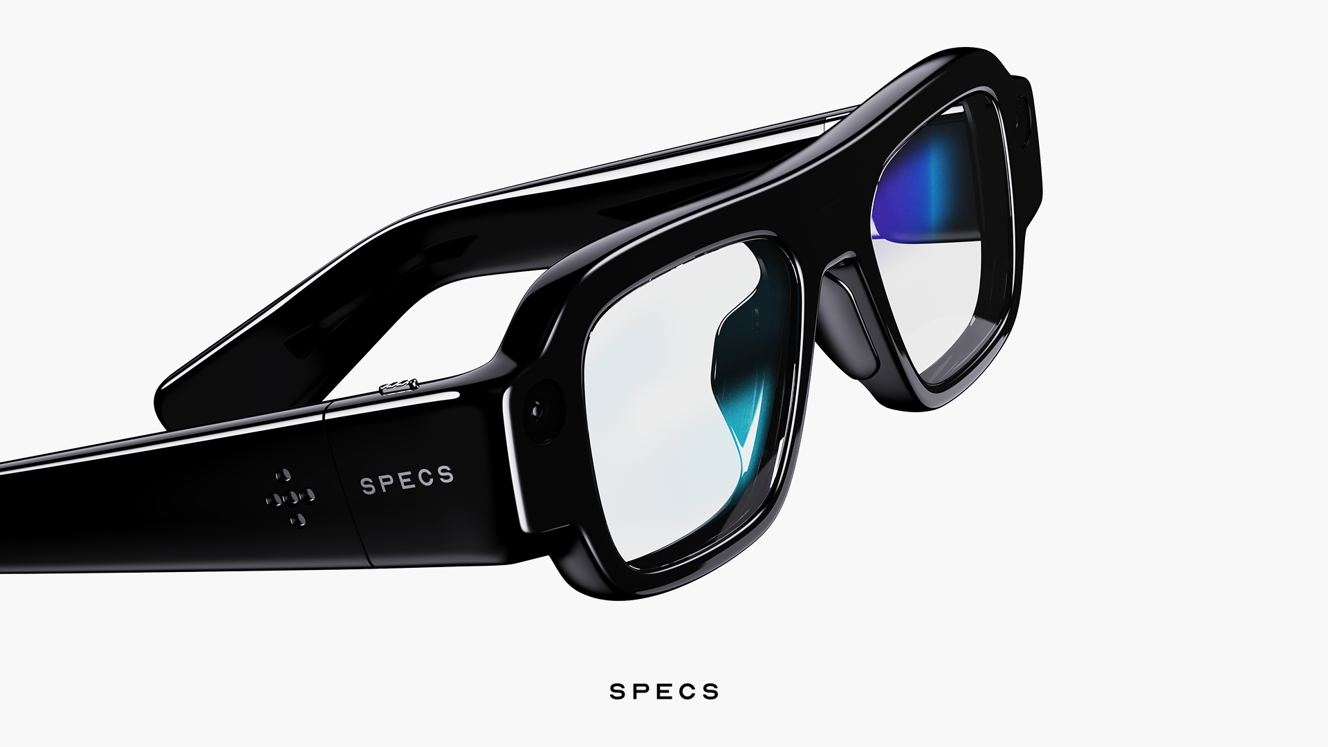 Imagen oficial de Snap: lentes SPECS negros vistos de lado, con reflejos azules en los cristales y fondo claro.